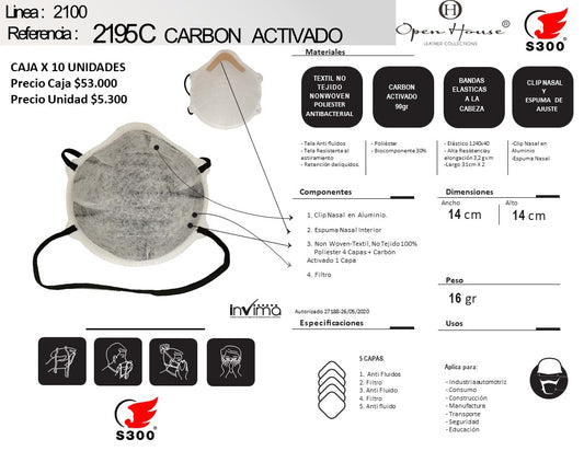 RESPIRADOR PARA PARTÍCULAS CON CARBÓN ACTIVADO 2195C - CAJA X 10