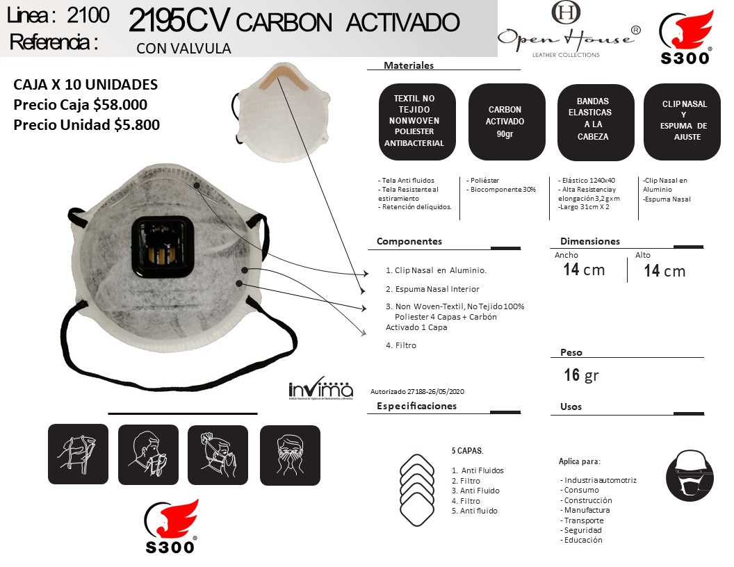 RESPIRADOR PARA PARTÍCULAS CON CARBÓN ACTIVADO 2195C CON VÁLVULA, CAJA X 10