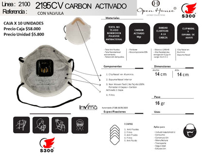 RESPIRADOR PARA PARTÍCULAS CON CARBÓN ACTIVADO 2195C CON VÁLVULA, CAJA X 10