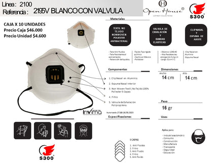 RESPIRADOR CONTRA PARTÍCULAS 2195 V CON VÁLVULA CAJA X 10
